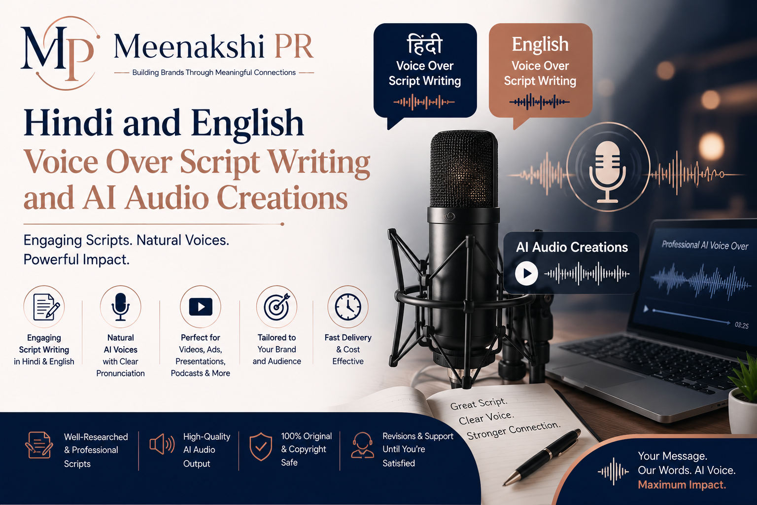Hindi and English Voice Over Script Writing and AI Audio Creation Services by Meenakshi PR Services